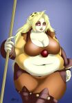  anthro belly big_belly big_breasts blonde_hair breasts cheetah cheetara cleavage clothed clothing felid feline female hair hi_res lordaltros mammal overweight overweight_female red_eyes solo staff thundercats 