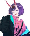  1girl bangs black_jacket blush bob_cut breasts choker coffeekite drawstring eyeliner fate/grand_order fate_(series) headpiece highres hood hooded_sweater horns jacket long_sleeves looking_at_viewer makeup oni oni_horns open_clothes open_jacket open_mouth pink_sweater purple_eyes purple_hair short_hair shuten_douji_(fate) shuten_douji_(under_the_same_sky)_(fate) skin-covered_horns small_breasts smile solo sweater 