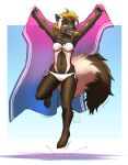  2022 absurd_res anthro bikini bisexual bisexual_pride_colors blonde_hair breasts brown_body brown_eyes brown_fur clothed clothing female fluffy fluffy_tail fur gradient_background gulonine hair happy hi_res jumping lgbt_pride long_tail male mammal mel_(mykegreywolf) midair mustelid musteline mykegreywolf navel neck_tuft pride_colors sarong short_hair simple_background skimpy smile solo strapless_bikini strapless_clothing strapless_swimwear swimwear tan_body tan_fur teeth tuft wolverine 