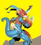  anthro armor asian_clothing athletic athletic_male bandai_namco belt blue_body claws clothing digimon digimon_(species) east_asian_clothing flamedramon fundoshi headgear helmet hi_res japanese_clothing leather male red_eyes skink_hisshiss solo underwear 