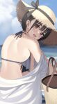  1girl bangs bikini black_bikini black_hair blurry blurry_background brown_eyes day from_behind hat looking_at_viewer mottsun_(i_40y) off_shoulder open_mouth original outdoors short_hair solo swimsuit 