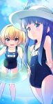  2girls absurdres arms_behind_back ass_visible_through_thighs bare_shoulders blonde_hair blue_hair blue_swimsuit cloud fang flat_chest furude_rika hat hazumi_otoya highres higurashi_no_naku_koro_ni houjou_satoko innertube leaning_forward long_hair multiple_girls name_tag old_school_swimsuit one-piece_swimsuit open_mouth outdoors purple_eyes school_swimsuit short_hair sky smile sun_hat swimsuit thighs wading white_headwear 