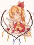  1girl ascot blonde_hair breasts chewing collared_shirt eating flandre_scarlet food food_on_face fork frilled_shirt_collar frilled_sleeves frills head_tilt holding holding_fork holding_plate kotsubunatto2525 long_hair looking_at_viewer multicolored_wings no_hat no_headwear plate puffy_short_sleeves puffy_sleeves red_eyes red_vest shirt short_sleeves side_ponytail simple_background small_breasts solo strawberry_shortcake symbol-only_commentary touhou upper_body vest white_background white_shirt wings wrist_cuffs yellow_ascot 