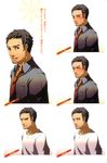  beard black_hair blush concept_art doujima_ryoutarou drunk facial_hair gradient gradient_background looking_at_viewer male male_focus megaten official_art persona persona_4 soejima_shigenori translation_request 