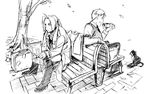  alphonse_elric arakawa_hiromu bag braid brothers cat eating edward_elric food formal fullmetal_alchemist greyscale jacket monochrome multiple_boys necktie newspaper official_art ponytail siblings sitting sketch 