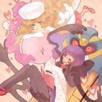  blue_eyes book brown_hair cattleya_(pokemon) cofagrigus elite_four gen_5_pokemon hat heart multiple_girls musharna pantyhose pokemon pokemon_(creature) pokemon_(game) pokemon_bw purple_eyes purple_hair shikimi_(pokemon) sleepy strawberrybit 