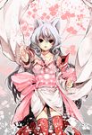  amaterasu animal_ears bow cherry_blossoms flower japanese_clothes kaze-hime kimono long_hair ookami_(game) personification petals solo tail thighhighs very_long_hair white_hair wide_sleeves wolf_ears wolf_tail 