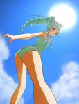  ass bad_id bad_pixiv_id casual_one-piece_swimsuit drill_hair frilled_swimsuit frills from_below galaxy_angel green_hair highres lens_flare long_hair looking_back looking_down nyama one-piece_swimsuit outstretched_arm perspective ponytail reaching red_eyes solo sun swimsuit vanilla_h 