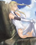  blonde_hair bodysuit claymore dietrich elbow_gloves gloves highres legs long_hair no_panties nyami sitting solo thighhighs 