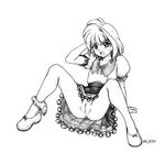  bottomless dress eternal_melody full_body greyscale harumachi_nagaaki legs lemit_mariena monochrome no_panties panties panties_around_one_leg pussy solo spread_legs underwear 