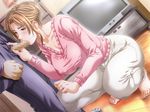  barefoot blush breasts brown_eyes brown_hair censored clothed_sex fellatio game_cg jewelry jukubo_gui kurita_hitomi lamp large_breasts mature momiji_kei mosaic_censoring oral penis ring saliva solo_focus squatting sweater tears television wedding_band zipper 