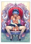  after_sex blue_hair blush breasts censored closed_eyes cum cum_in_pussy cumdrip detached_sleeves high_heels highres impregnation maid maid_headdress medium_breasts no_panties original pubic_hair pussy scan shoes short_hair sitting solo spread_legs sweat thighhighs throne topless wet yukimi 