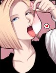  android_18 blonde_hair blue_eyes condom condom_in_mouth cum dragon_ball dragon_ball_z heart mouth_hold sawao short_hair solo tongue used_condom 