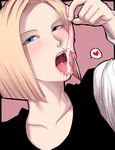  android_18 blonde_hair blue_eyes blush condom condom_in_mouth cum cum_in_mouth cum_on_tongue dragon_ball dragon_ball_z heart mouth_hold sawao short_hair solo tongue used_condom 