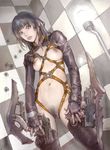  blue_eyes breasts brown_hair gloves gun gunblade kuratch large_breasts leather midriff original pubic_hair pussy solo strap weapon 