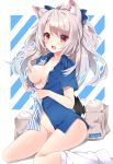  1girl :d animal_ear_fluff animal_ears azur_lane bag bangs baozi blue_bow blue_nails blue_shirt blush bottomless bow breasts cola collarbone commentary_request employee_uniform eyebrows_visible_through_hair fang fingernails food grey_hair hair_between_eyes hair_bow highres karaage3 kneehighs long_hair medium_breasts nail_polish naked_shirt navel nipples no_bra no_shoes open_mouth paper_bag red_eyes shirt shopping_bag short_eyebrows short_sleeves sitting smile solo tail thick_eyebrows uniform very_long_hair wariza white_legwear wolf_ears wolf_girl wolf_tail yuudachi_(azur_lane) 