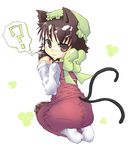  ? animal_ears brown_eyes brown_hair cat_ears cat_tail censored chen cum facial hat hebereke_black kneeling looking_at_viewer looking_back mosaic_censoring multiple_tails simple_background smile solo spoken_question_mark tabi tail touhou two_tails white_background white_legwear 