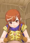  alena_(dq4) breasts cum cum_on_body cum_on_breasts cum_on_upper_body curly_hair dragon_quest dragon_quest_iv facial gloves large_breasts makochin paizuri paizuri_over_clothes penis pov red_eyes red_hair solo_focus 