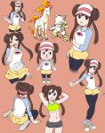  a_(pixiv_17870427) alternate_costume bangs bike_shorts black_legwear blue_eyes blue_shirt breasts brown_hair collarbone creatures_(company) crossover double_bun doubutsu_no_mori female full_body game_freak gen_1_pokemon hair_between_eyes happy hat hypno long_hair looking_at_viewer mei_(pokemon) multiple_persona nintendo open_mouth pantyhose pink_hat poke_ball_symbol poke_ball_theme pokemon pokemon_(game) pokemon_bw2 rapidash shirt short_shorts shorts sitting smile sports_bra tied_hair twintails villager_(doubutsu_no_mori) visor_cap yellow_shorts 