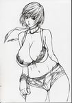  areolae breasts cleavage curvy fingerless_gloves gloves greyscale highres hinomoto_reiko huge_breasts inoue_takuya midriff mole mole_on_breast monochrome nipples panties puffy_nipples rumble_roses scarf short_hair solo underwear 