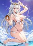  1girl absurdres ahoge animal_ears arm_up bangle bangs bare_arms bare_legs barefoot bikini blue_eyes blue_sky blush bracelet breasts cleavage cloud cloudy_sky doughnut food foot_out_of_frame front-tie_top groin hair_ornament halterneck highres holding holding_food horse_girl jewelry large_breasts long_hair looking_at_viewer navel oguri_cap_(umamusume) partially_underwater_shot picter popsicle_in_mouth sidelocks sky solo stomach sunlight swimsuit thighs umamusume water white_bikini white_hair 