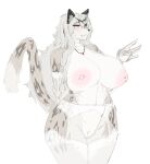  absurd_res anthro big_breasts blush bodily_fluids breasts carsen clothed clothing collar felid feline female fluffy fluffy_tail fur genitals grey_body grey_eyes grey_fur grey_hair hair hi_res mammal multicolored_body multicolored_fur nipples partially_clothed pussy simple_background smile solo sweat thick_thighs white_body white_fur wide_hips 