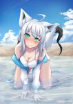  1girl absurdres ahoge all_fours animal_ear_fluff animal_ears azamiwwwwww bangs beach bikini blush braid breasts cleavage cloud cloudy_sky commentary_request day earrings fox_ears fox_girl fox_tail green_eyes hair_between_eyes highres hololive jacket jewelry long_hair looking_at_viewer medium_breasts ocean open_clothes open_jacket outdoors partially_submerged pentagram shirakami_fubuki sidelocks single_braid sky smile solo swimsuit tail virtual_youtuber white_bikini white_hair white_jacket 