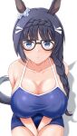  1girl absurdres animal_ears bangs between_legs blush braid breasts cleavage collarbone commentary_request glasses hair_ornament hand_between_legs highres horse_ears large_breasts raindrop746079 school_swimsuit side_braid simple_background solo swimsuit umamusume white_background zenno_rob_roy_(umamusume) 