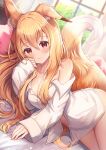  1girl animal_ear_fluff animal_ears bangs blonde_hair blurry blurry_background blush bottomless breasts brown_eyes collarbone commentary_request day dress_shirt fox_ears fox_girl fox_tail hair_between_eyes highres indoors large_breasts long_hair long_sleeves naked_shirt off_shoulder on_bed original pillow sakura_ani shirt sidelocks single_bare_shoulder sleeves_past_wrists smile solo tail white_shirt window 
