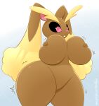  absurd_res anthro big_breasts breasts brown_body female hi_res holding_breast huge_breasts hyperflannel lopunny nintendo pok&eacute;mon pok&eacute;mon_(species) solo thick_thighs video_games 