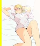  1girl arms_behind_head blonde_hair blush breasts chihiroiai fullmetal_alchemist large_breasts looking_at_another lying no_pants on_back on_bed pillow riza_hawkeye shirt short_hair solo sweat sweatdrop white_shirt yellow_eyes 