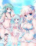  3girls bikini black_bikini blonde_hair blue_bikini blue_eyes blue_hair breasts character_request cleavage closed_mouth commentary_request commission copyright_request day happy highres long_hair looking_at_viewer medium_hair multiple_girls navel open_mouth outdoors pink_bikini skeb_commission smile swimsuit white_bikini yurufuwa_milk 