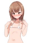  1girl absurdres bare_arms bare_shoulders bikini blush breasts brown_eyes brown_hair closed_mouth collarbone commentary_request flower hair_flower hair_ornament hands_up harigane_shinshi highres looking_at_viewer micro_bikini misaka_mikoto navel nose_blush revision simple_background small_breasts solo sweat swimsuit toaru_kagaku_no_railgun toaru_majutsu_no_index upper_body white_background white_bikini white_flower 