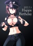  1girl alternate_costume birthday black_background black_gloves black_pants bondage_outfit breasts brown_eyes brown_hair check_rating cleavage dated dominatrix fingerless_gloves girls_und_panzer gloves highres holding holding_whip kamishima_kanon looking_at_viewer nishizumi_maho pants revealing_clothes short_hair simple_background solo 