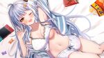  1girl ;d ahoge arm_up armpits bare_shoulders bed_sheet blue_jacket breasts camisole chips cleavage clothes_lift collarbone commission fang food grey_hair hair_ornament hairclip jacket large_breasts long_hair long_sleeves looking_at_viewer lying midriff multicolored_hair navel nintendo_switch off_shoulder omuretsu on_back one_eye_closed open_clothes open_jacket open_mouth orange_eyes original potato_chips shirt shirt_lift short_shorts shorts skeb_commission sleeveless sleeveless_shirt smile solo spaghetti_strap stomach streaked_hair thighs underboob very_long_hair white_shirt white_shorts 