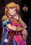  1girl armor bangs bead_necklace beads blonde_hair blue_eyes bracelet cape circlet datcravat gold highres jewelry long_hair necklace parted_bangs pointy_ears princess_zelda shoulder_armor sidelocks solo super_smash_bros. the_legend_of_zelda the_legend_of_zelda:_a_link_between_worlds white_cape 