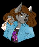  2022 5_fingers anthro black_background black_nose breasts brown_eyes brown_hair canid canine clothed clothing digital_media_(artwork) eyebrows eyelashes female fingers firetally hair hi_res looking_at_viewer mammal simple_background solo 