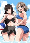  2girls ass ball bangs beachball bikini black_hair blue_bikini blue_eyes blunt_bangs blush breasts brown_hair frilled_swimsuit frills green_eyes hair_ornament hairclip highres kurosawa_dia long_hair love_live! love_live!_sunshine!! marugoshi_teppei mole mole_under_mouth multiple_girls navel one_eye_closed open_mouth short_hair smile sweat swimsuit watanabe_you water 