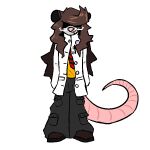  2022 anthro atomic_cat baggy_pants black_bottomwear black_clothing black_ears black_pants boots bottomwear brown_hair cargo_pants clothing coat covered_eyes didelphid eyewear female footwear fur glasses grey_body grey_fur hair lab_coat lgbt_pride mammal marsupial messy_hair necktie obscured_eyes pants pen pin_(disambiguation) pink_nose pink_tail pride_colors rebeca_garcia sharp_teeth shirt solo teeth teeth_showing topwear trans_(lore) trans_woman_(lore) transgender_pride_colors virginia_opossum yellow_clothing yellow_shirt yellow_topwear 