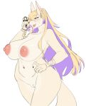  absurd_res anthro big_breasts blonde_hair blush bodily_fluids breasts canid canine carsen claws ear_piercing female fluffy fluffy_tail fur genitals hair hi_res mammal multicolored_body multicolored_fur multicolored_hair navel navel_piercing nude open_mouth open_smile piercing purple_body purple_eyes purple_fur pussy simple_background smile solo sweat thick_thighs tongue tongue_out two_tone_body two_tone_fur two_tone_hair wide_hips yellow_body yellow_fur 