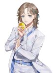  1boy belt blue_belt blue_eyes blue_ribbon brown_hair collared_shirt copyright cowboy_shot curtained_hair earrings food frilled_shirt frills fruit hair_ribbon half_updo highres holding holding_food holding_fruit jacket jewelry kanae_(nijisanji) lemon long_sleeves looking_at_viewer male_focus medium_hair michikake16 mole mole_under_eye nijisanji official_art open_clothes open_jacket pants parted_lips ribbon shirt simple_background smile solo virtual_youtuber white_background white_jacket white_pants white_shirt 