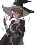  absurdres arms_up asymmetrical_bangs bangs bracelet breasts cape closed_mouth commission commissioner_upload fire_emblem fire_emblem_awakening glasses hat heart highres jewelry large_breasts leather looking_at_viewer mariirasuto7 miriel_(fire_emblem) non-web_source red_eyes red_hair solo turtleneck upper_body witch_hat 
