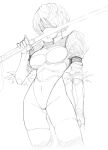  1girl ass_visible_through_thighs blindfold brashear_lushert cleavage_cutout clothing_cutout covered_navel fur_trim grey_background greyscale hatching_(texture) highres holding holding_sword holding_weapon katana leotard monochrome nier_(granblue_fantasy) nier_(series) puffy_sleeves short_hair simple_background sketch skindentation solo sword thighhighs turtleneck weapon yorha_no._2_type_b 