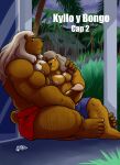  anthro big_penis blush bodily_fluids bongo_(dad) brown_body brown_fur duo erection father father_and_child father_and_son fur genitals hair hairy_arms hairy_legs hi_res huge_penis incest_(lore) kyllo_(son) male male/male mammal muscular muscular_male parent parent_and_child pecs penis size_difference son sweat tan_hair ursid yasser 