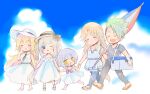  2boys 3girls :d =_= ^_^ achilles_(fate) ayako_(nekomomo) barefoot black_necktie black_pants blonde_hair blue_eyes blue_pants blue_sky blue_tunic blush bow bowtie chibi chiron_(fate) closed_eyes closed_umbrella cloud cooler curtained_hair dress fang fate/grand_order fate_(series) flip-flops full_body green_hair grey_hair grey_shirt hair_between_eyes hand_to_own_mouth happy hat hat_bow holding holding_hands holding_umbrella horse_tail jack_the_ripper_(fate/apocrypha) jeanne_d&#039;arc_(fate) long_hair looking_at_another looking_at_viewer marie_antoinette_(fate) marie_antoinette_(swimsuit_caster)_(second_ascension)_(fate) multiple_boys multiple_girls necktie off-shoulder_dress off_shoulder one_eye_closed pants parasol pink_bow pink_bowtie sandals shirt short_hair short_sleeves skin_fang sky sleeveless sleeveless_dress smile stitches sun_hat tail twintails umbrella v-neck walking white_dress white_hair white_headwear yellow_eyes 