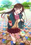  1girl :d absurdres ahoge bag bangs blue_sky blurry blurry_background bow bowtie breasts brown_eyes brown_hair buttons churro food gradient_hair highres holding holding_food jacket kanojo_okarishimasu leaning_forward long_hair looking_at_viewer medium_breasts mizuhara_chizuru multicolored_hair official_alternate_costume official_art open_mouth outdoors parted_bangs plaid plaid_skirt ribbon skirt sky smile socks solo striped striped_bow striped_bowtie 
