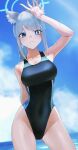  1girl animal_ears arm_behind_back blue_archive blue_eyes breasts halo hand_up highleg highleg_swimsuit highres kazane-wind looking_at_viewer shiroko_(blue_archive) skin_tight smile solo swimsuit thighs water wet white_hair 