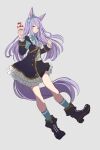  1girl absurdres amano_haruka_(sakogamitokuan) animal_ears blush boots commentary_request full_body grey_background highres horse_ears horse_girl horse_tail looking_at_viewer mejiro_mcqueen_(umamusume) parfait purple_eyes purple_hair simple_background solo spoon standing tail umamusume 