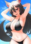  1girl absurdres animal_ears arm_behind_head bikini black_bikini blue_sky breasts brown_hair cleavage collarbone groin highres imaizumi_kagerou ke-su large_breasts long_hair looking_at_viewer navel one_eye_closed open_mouth outdoors red_eyes sky solo swimsuit tail touhou wolf_ears wolf_tail 