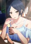 1boy 1girl absurdres bangs bare_shoulders bendy_straw black_hair blue_shirt brown_eyes collarbone commentary_request cup drinking_glass drinking_straw earrings food fruit hands_up hayami_kanade highres holding holding_cup ice ice_cube idolmaster idolmaster_cinderella_girls indoors jewelry lemon lemon_slice looking_at_viewer misaki_nonaka necklace off-shoulder_shirt off_shoulder parted_bangs parted_lips shirt solo_focus upper_body 